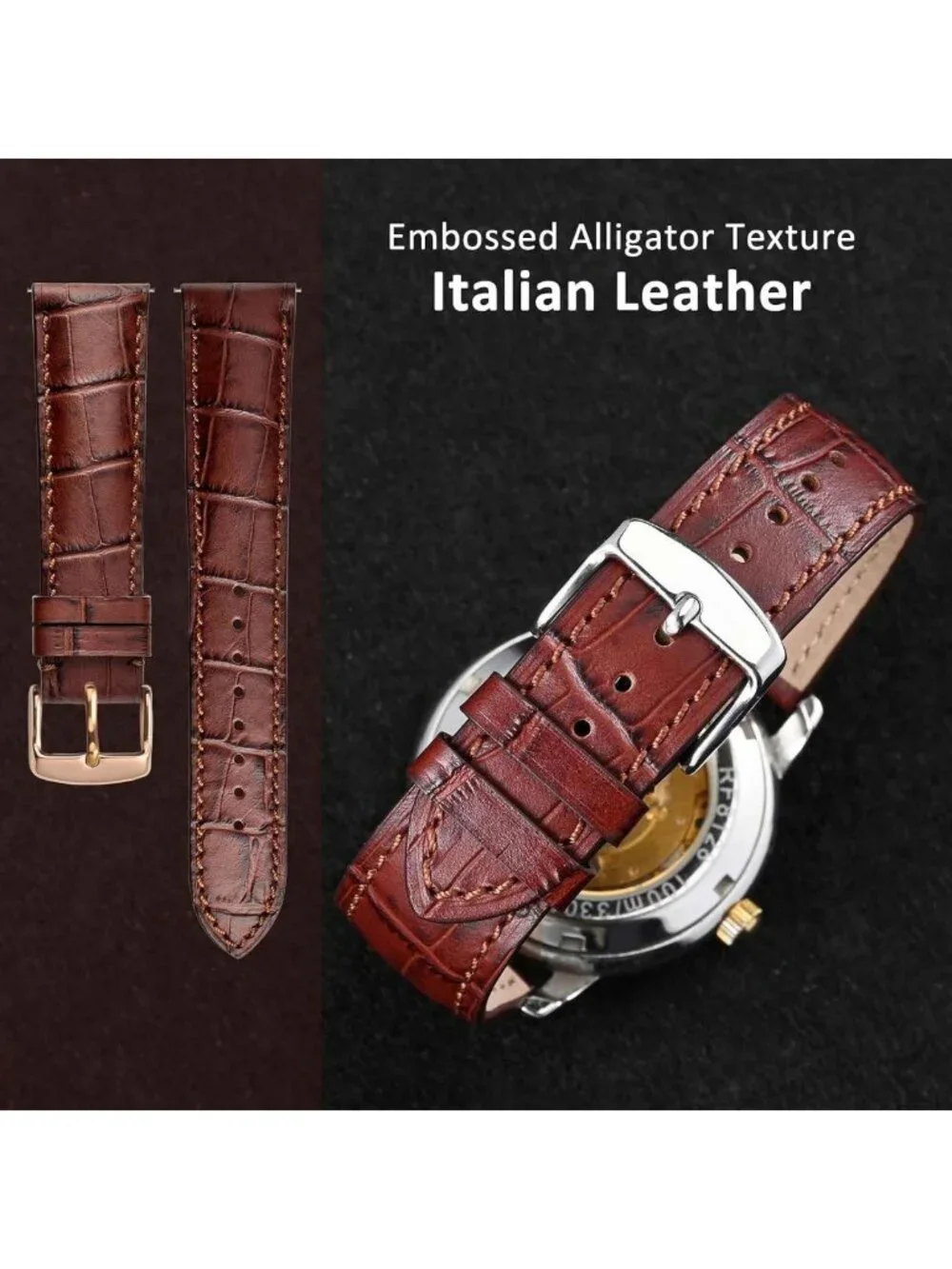 Italian Leather 22mm Watch Band, Embossed Alligator Grain, Rose Gold Buckle